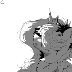 Size: 1024x1024 | Tagged: safe, artist:glazirka, imported from derpibooru, princess luna, alicorn, pony, blood, hair covering face, hidden eyes, meme, monochrome, simple background, solo, tokyo ghoul, white background