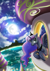 Size: 1024x1449 | Tagged: safe, artist:neoshrek, imported from derpibooru, princess luna, alicorn, pony, canterlot, mare in the moon, moon, night, solo, stars