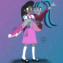 Size: 1000x1000 | Tagged: safe, artist:hatakeclarissa, imported from derpibooru, octavia melody, sonata dusk, equestria girls, blushing, duo, female, holding, lesbian, shipping, sontavia