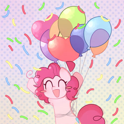 Size: 894x894 | Tagged: safe, artist:arwencuack, artist:franshushu, imported from derpibooru, pinkie pie, earth pony, pony, abstract background, balloon, blush sticker, blushing, confetti, cute, cutie mark, diapinkes, excited, eyelashes, eyes closed, female, floating, franshushu is trying to murder us, mare, open mouth, open smile, party balloon, smiling, solo, tail, then watch her balloons lift her up to the sky, weapons-grade cute