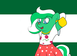 Size: 3509x2550 | Tagged: safe, artist:sparkfler85, derpibooru exclusive, imported from derpibooru, oc, oc only, oc:lucia hooves, earth pony, pony, andalusia, clothes, dress, female, flag, flamenco dress, flower, high res, jewelry, mare, nation ponies, necklace, ponified, rose, shirt, simple background, skirt, spain