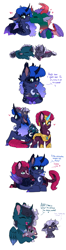 Size: 2048x7809 | Tagged: safe, artist:moccabliss, imported from derpibooru, pharynx, princess luna, tempest shadow, oc, oc:constellation gem, oc:meteor shower, oc:moonstone apogee, changedling, changeling, changepony, hybrid, pony, armor, female, lunarynx, magical lesbian spawn, male, offspring, parent:pharynx, parent:princess luna, parent:tempest shadow, parents:lunarynx, parents:tempestluna, prince pharynx, shipping, simple background, straight, white background