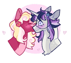 Size: 450x400 | Tagged: safe, artist:cactiflowers, imported from derpibooru, oc, oc only, pony, unicorn, blushing, glasses, kissing