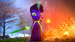 Size: 7680x4320 | Tagged: safe, artist:lagmanor, imported from derpibooru, oc, oc only, oc:lagmanor amell, butterfly, pony, unicorn, 3d, absurd resolution, barefoot, black mane, burning, cape, clothes, dirt, dirty, dirty feet, dirty hooves, duality, face scar, facial scar, feet, fire, fireball, grass, grass field, holding, horn, looking at you, magic, male, mane, medallion, oc on, rock, scar, sky, solo, source filmmaker, spell, stallion, sword, telekinesis, tree, two sides, vignette, weapon