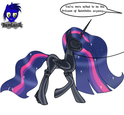 Size: 4154x3840 | Tagged: safe, artist:damlanil, imported from derpibooru, twilight sparkle, alicorn, pony, series:becoming submissive, the last problem, bdsm, blindfold, bondage, bondage mask, boots, bound wings, catsuit, clothes, collar, commission, corset, ethereal mane, female, gag, galaxy mane, gimp suit, high heels, hood, horn, implied discord, latex, latex boots, latex suit, leash, link in description, mare, muzzle gag, offscreen character, older, older twilight, princess twilight 2.0, raised hoof, rubber, rubber suit, shiny, shiny mane, shoes, show accurate, simple background, socks, solo, speech bubble, story, story included, thigh highs, transparent background, twilight sparkle (alicorn), vector, wings