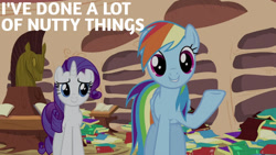 Size: 1280x720 | Tagged: safe, edit, edited screencap, editor:quoterific, imported from derpibooru, screencap, rainbow dash, rarity, pegasus, pony, unicorn, dragon quest, season 2, book, cute, dashabetes, female, golden oaks library, mare, smiling