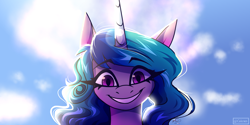 Size: 3000x1500 | Tagged: safe, artist:celes-969, artist:spirit-fire360, imported from derpibooru, izzy moonbow, pony, unicorn, bust, cute, eye clipping through hair, eyebrows, eyebrows visible through hair, female, g5, grin, hi new friend, high res, izzybetes, looking at you, mare, scene interpretation, sky, smiling, smiling at you, solo