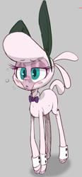 Size: 960x2064 | Tagged: safe, artist:hitsuji, imported from derpibooru, sheep, them's fightin' herds, blushing, bowtie, bunny ears, cloven hooves, community related, cuffs, cuffs (clothes), drunk, drunk bubbles, gray background, lidded eyes, pom (tfh), simple background, solo