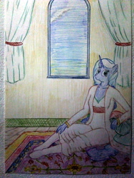 Size: 3120x4160 | Tagged: safe, artist:mildgyth, imported from derpibooru, princess luna, anthro, plantigrade anthro, ziragshabdarverse, alternate hairstyle, carpet, clothes, dress, pillow, socks, solo, traditional art