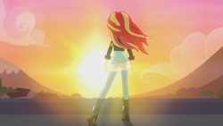 Size: 3410x1920 | Tagged: safe, imported from derpibooru, screencap, sunset shimmer, equestria girls, my past is not today, rainbow rocks, boots, canterlot high, clothes, female, high heel boots, high res, jacket, leather, leather jacket, shoes, solo, sun