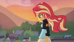 Size: 3410x1920 | Tagged: safe, imported from derpibooru, screencap, sunset shimmer, equestria girls, my past is not today, rainbow rocks, canterlot high, clothes, female, high res, jacket, leather, leather jacket, solo