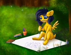 Size: 1920x1493 | Tagged: safe, artist:drops-of-blood, imported from derpibooru, oc, oc only, pegasus, pony, colored pencils, drawing, female, forest, heart eyes, mouth hold, nose piercing, piercing, solo, wingding eyes