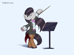 Size: 4358x3236 | Tagged: safe, artist:vinilyart, imported from derpibooru, octavia melody, earth pony, pony, semi-anthro, bipedal, blue background, bowtie, clothes, conducting, conductor, conductor's baton, dress, eyes closed, music, music stand, simple background, skirt, solo, suit, tuxedo