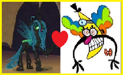 Size: 271x166 | Tagged: safe, artist:sweetheart1012, imported from derpibooru, queen chrysalis, best ship, chryball, crossover, crossover shipping, deviantart stamp, dr screwball jones, female, male, picture for breezies, request, shipping, shipping domino, straight, wander over yonder