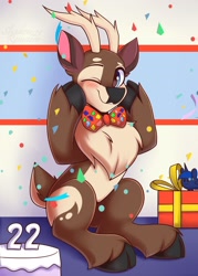 Size: 1500x2100 | Tagged: safe, artist:shadowreindeer, imported from derpibooru, oc, oc only, deer, reindeer, blushing, chest fluff, happy birthday, looking at you, male, sitting, smiling, smiling at you, solo, tongue out