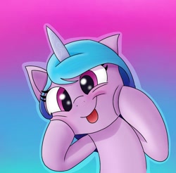 Size: 1280x1257 | Tagged: safe, artist:pipetals, imported from derpibooru, izzy moonbow, pony, unicorn, cheek squish, female, g5, gradient background, silly, solo, squishy cheeks, tongue out