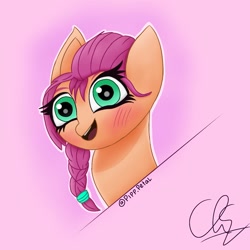 Size: 1280x1280 | Tagged: safe, artist:pipetals, imported from derpibooru, sunny starscout, earth pony, pony, blushing, bust, female, g5, portrait, solo