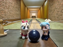 Size: 4032x3024 | Tagged: safe, artist:xeto_de, imported from derpibooru, cozy glow, oc, oc:lily allure, bell, bowling alley, bowling ball, bowling pin, brick wall, irl, photo, plushie