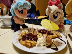 Size: 4032x3024 | Tagged: safe, artist:xeto_de, imported from derpibooru, cozy glow, oc, oc:lily allure, oc:wingblossom, cocktail umbrella, food, irl, pancakes, photo, plushie