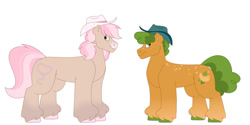 Size: 1280x640 | Tagged: safe, artist:itstechtock, imported from derpibooru, oc, oc only, oc:cashew, oc:prairie angel, earth pony, pony, female, hat, male, mare, offspring, parent:braeburn, parent:pistachio, parent:wrangler, simple background, stallion, white background