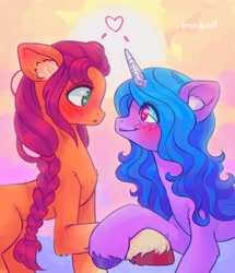 Size: 1762x2048 | Tagged: safe, artist:p0nyplanet, imported from derpibooru, izzy moonbow, sunny starscout, earth pony, pony, unicorn, blushing, braid, colored hooves, duo, female, g5, holding hooves, izzyscout, lesbian, looking at each other, mare, shipping, sun, unshorn fetlocks