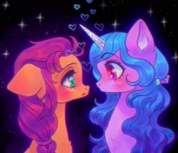 Size: 2048x1762 | Tagged: safe, artist:p0nyplanet, imported from derpibooru, izzy moonbow, sunny starscout, earth pony, pony, unicorn, black background, blushing, duo, female, g5, heart, izzyscout, lesbian, looking at each other, mare, night, shipping, simple background, stars