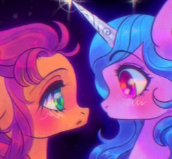 Size: 2047x1893 | Tagged: safe, artist:p0nyplanet, imported from derpibooru, izzy moonbow, sunny starscout, earth pony, pony, unicorn, black background, blushing, close-up, duo, female, g5, heart, izzyscout, lesbian, looking at each other, mare, night, shipping, simple background, stars