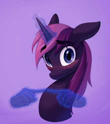 Size: 1096x1232 | Tagged: safe, artist:littmosa, imported from derpibooru, oc, oc only, oc:w, pony, unicorn, :t, blushing, bust, commission, eyebrows, eyebrows visible through hair, female, floppy ears, glowing horn, hand, horn, looking at you, magic, magic hands, mare, nervous, purple background, scrunchy face, shy, simple background, smiling, solo, wavy mouth, wide eyes, ych result