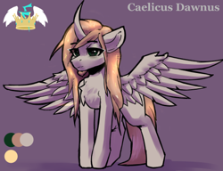 Size: 482x370 | Tagged: source needed, useless source url, safe, artist:asme, imported from derpibooru, oc, oc only, oc:caelicus dawnus, alicorn, pony, vampire, alicorn oc, bags under eyes, beard, chest fluff, color palette, colored background, crown, crystal, curved horn, cutie mark, eye clipping through hair, eyebrows, eyebrows visible through hair, facial hair, floppy ears, glowing mane, horn, jewelry, long mane, long tail, lowres, male, reference sheet, regalia, solo, solo male, spread wings, stallion, text, wings