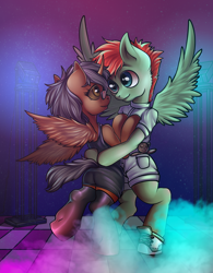 Size: 2000x2565 | Tagged: safe, artist:leastways, imported from derpibooru, oc, oc only, oc:ash, oc:jet lag, changeling, pegasus, changeling oc, clothes, dancing, dress, fanfic art, female, glasses, high res, horn, looking at each other, male, party, pegasus oc, smoke, socks, stockings, straight, thigh highs, wings