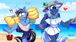 Size: 1920x1080 | Tagged: safe, artist:kinky_spy, imported from derpibooru, oc, oc only, oc:lunacy, oc:silver lining, anthro, pegasus, unicorn, beach, bucket, clothes, commission, dress, female, flower, hat, male, summer, swimming trunks, ych result