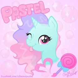 Size: 1080x1080 | Tagged: safe, artist:pastel bubblegum, imported from derpibooru, oc, oc only, pony, unicorn, female, looking at you, mare, one eye closed, signature, solo, tongue out