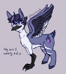 Size: 1961x2180 | Tagged: safe, artist:novaiek, imported from derpibooru, oc, oc only, oc:bluberry, hippogriff, hybrid, crossover offspring, crossover ship offspring, interspecies offspring, offspring, parent:mordecai, parent:twilight sparkle, parents:mordetwi, solo