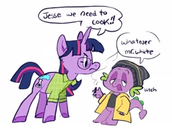 Size: 2048x1538 | Tagged: safe, artist:alexbeeza, imported from derpibooru, spike, twilight sparkle, dragon, unicorn, 2021, alternate cutie mark, beanie, breaking bad, clothes, colored hooves, dialogue, drug use, drugs, duo, glasses, hat, jacket, jesse pinkman, marijuana, parody, shirt, unicorn twilight, walter white