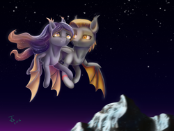 Size: 4000x3000 | Tagged: safe, artist:joan-grace, imported from derpibooru, oc, oc only, bat pony, pony, bat pony oc, bat wings, duo, ethereal mane, female, flying, male, mare, night, outdoors, signature, stallion, starry mane, wings