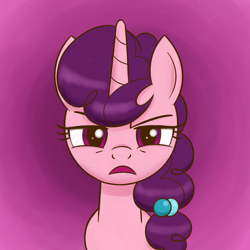 Size: 1800x1800 | Tagged: safe, artist:sazanamibd, imported from derpibooru, sugar belle, pony, unicorn, disapproval, female, glare, gradient background, looking at you, mare, open mouth, solo, stare, suspicious, unhappy