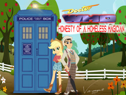 Size: 1280x960 | Tagged: safe, artist:edcom02, artist:jmkplover, artist:vanossfan10, imported from derpibooru, applejack, doctor whooves, time turner, equestria girls, applejack's hat, cowboy hat, doctor who, fence, flower, hat, seventh doctor, sweet apple acres, sylvester mccoy, tardis, the doctor, title card, umbrella