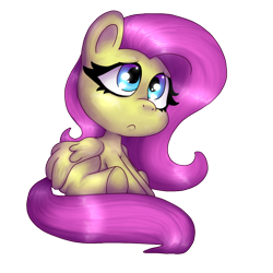 Size: 1024x1024 | Tagged: safe, artist:yorushikathebaka, imported from derpibooru, fluttershy, pegasus, pony, chibi, female, folded wings, mare, sad, simple background, sitting, solo, three quarter view, transparent background, wings