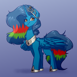 Size: 4000x4000 | Tagged: safe, artist:witchtaunter, imported from derpibooru, oc, oc only, oc:blue sky, alicorn, pony, alicorn oc, chest fluff, ear fluff, female, gradient background, horn, jewelry, looking at you, smiling, solo, tiara, wings