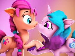 Size: 2880x2160 | Tagged: safe, artist:psfmer, imported from derpibooru, izzy moonbow, sunny starscout, earth pony, pony, unicorn, 3d, female, g5, gradient background, high res, holding hooves, izzyscout, lesbian, looking at each other, mare, my little pony: a new generation, shipping, source filmmaker, surprised, this will end in kisses, unshorn fetlocks