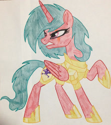 Size: 1280x1447 | Tagged: safe, artist:lachlancarr1996, imported from derpibooru, alicorn, pony, angry, clothes, dark ages, folded wings, gritted teeth, hoof shoes, looking back, raised hoof, solo, traditional art, wings
