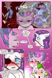 Size: 960x1440 | Tagged: safe, artist:cold-blooded-twilight, imported from derpibooru, rarity, spike, twilight sparkle, dragon, unicorn, cold blooded twilight, comic:cold storm, alternate design, attack, blood, blushing, blushing profusely, comic, crater, dialogue, dock, ear blush, eyepatch, eyes closed, floppy ears, frown, glow, glowing, glowing horn, heart, heart eyes, horn, magic, meme, open mouth, raised leg, sad, speech bubble, sweat, wingding eyes, yaranaika