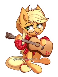 Size: 767x1002 | Tagged: safe, artist:handgunboi, imported from derpibooru, applejack, earth pony, pony, clothes, commission, cowboy hat, ear fluff, eyebrows, eyebrows visible through hair, glasses, green eyes, guitar, hat, hoof hold, john denver, musical instrument, open mouth, open smile, shirt, simple background, sitting, smiling, solo, white background