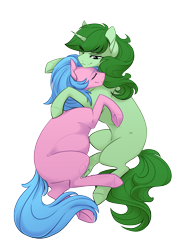 Size: 2480x3508 | Tagged: safe, artist:basykail, imported from derpibooru, aloe, oc, oc:rose compass, changeling, earth pony, pony, unicorn, andalusian changeling, canon x oc, eyes closed, high res, hug, love, lying down, on side, pregnant, side, simple background, smiling, spa pony, transparent background, underhoof