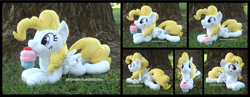 Size: 4515x1754 | Tagged: safe, artist:peruserofpieces, imported from derpibooru, surprise, pegasus, pony, beanie (plushie), cupcake, cute, female, food, irl, looking at you, lying down, mare, mouth hold, photo, plushie, prone, smiling, smiling at you, solo, sploot, tree, wings
