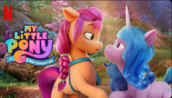 Size: 574x325 | Tagged: safe, edit, editor:pipetals, imported from derpibooru, izzy moonbow, sunny starscout, earth pony, pony, unicorn, duo, female, floppy ears, g5, izzyscout, lesbian, looking at each other, mare, meme, my little pony: a new generation, my little pony: a new generation logo, netflix, netflix logo, shipping