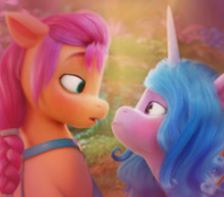 Size: 292x257 | Tagged: safe, edit, editor:pipetals, imported from derpibooru, izzy moonbow, sunny starscout, earth pony, pony, unicorn, cropped, female, filter, floppy ears, g5, izzyscout, lesbian, looking at each other, mare, my little pony: a new generation, out of context, shipping, shipping fuel