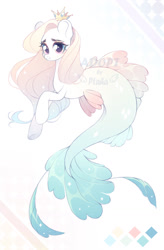 Size: 841x1280 | Tagged: safe, artist:ptaha, imported from derpibooru, oc, oc only, earth pony, merpony, pony, seapony (g4), adoptable, auction, colored pupils, crown, ethereal mane, female, fins, fish tail, flowing mane, flowing tail, jewelry, regalia, seaponified, simple background, smiling, solo, sparkles, species swap, starry mane, tail, watermark, white background