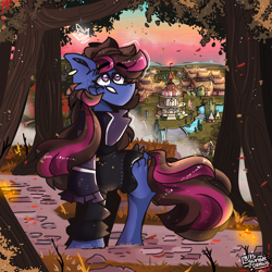 Size: 3000x3000 | Tagged: safe, artist:its_sunsetdraws, imported from derpibooru, oc, oc only, oc:sketch, earth pony, firefly (insect), insect, pony, cheek fluff, clothes, cloud, cloudy, commission, commissioned art, digital art, forest, forest background, high res, hoodie, houses, looking up, ponyville, ponyville town hall, scarf, smiling, solo, sunset, sunset sky