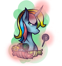 Size: 834x882 | Tagged: safe, artist:aonairfaol, imported from derpibooru, oc, oc only, pony, unicorn, bust, candy, eyelashes, food, glowing horn, horn, lollipop, magic, simple background, solo, telekinesis, transparent background, unicorn oc